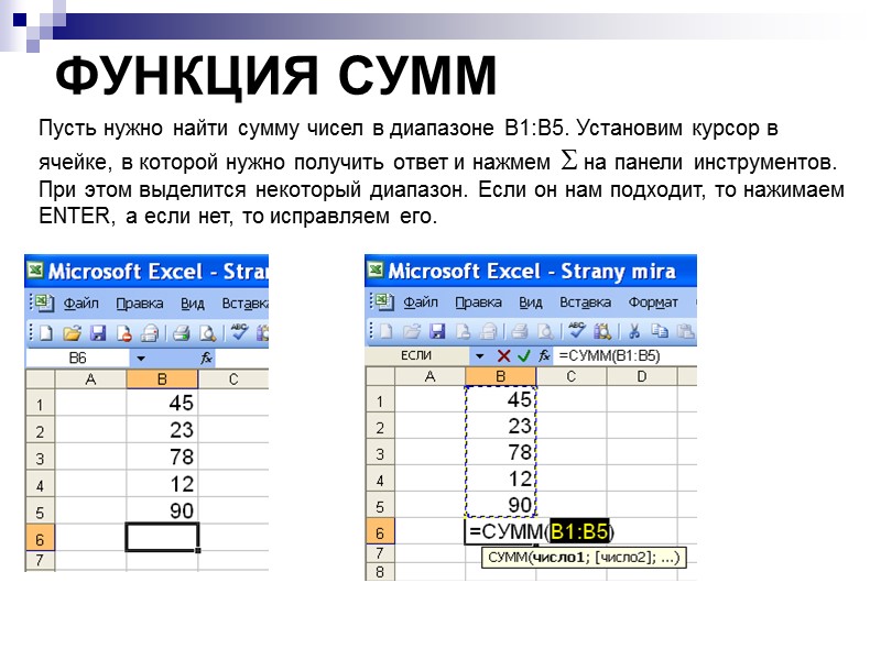 ФУНКЦИЯ СУММ Пусть нужно найти сумму чисел в диапазоне В1:В5. Установим курсор в ячейке,